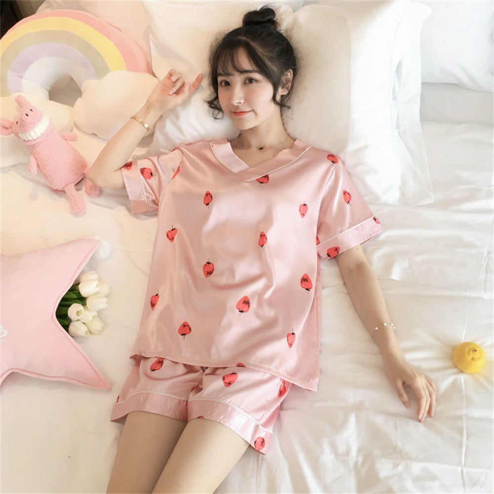 Women's Loose Casual Short Sleeve Ice Silk Pajama Set