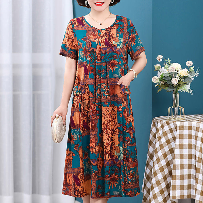 Plus Size Middle-aged And Elderly Cotton Silk Meat-covering Dress