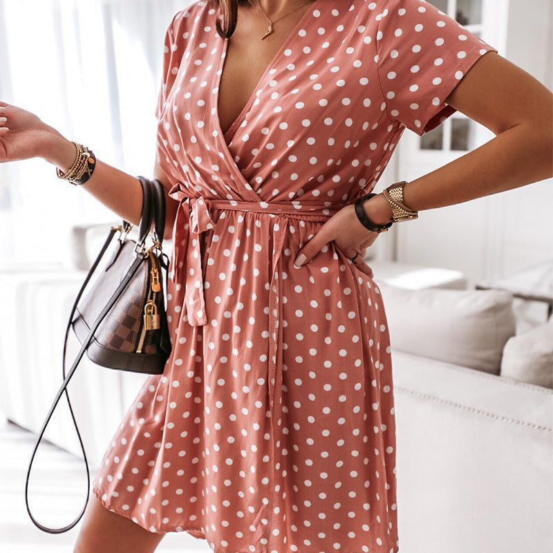 Polka Dot Ice Silk V-neck Short Sleeve Tie Dress