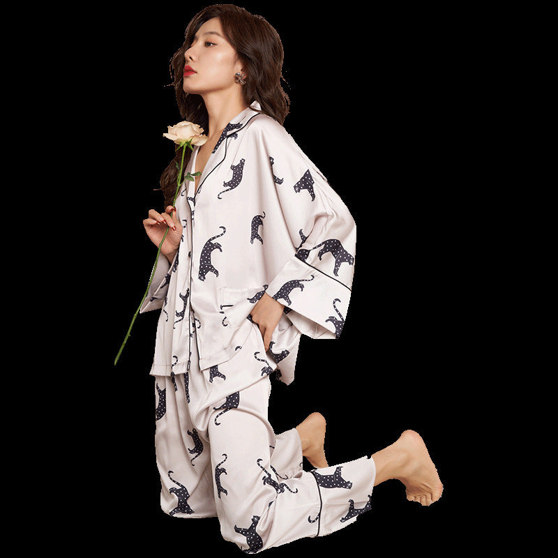 New Ice Silk Sleeve Digital Print Leopard Pajama Women