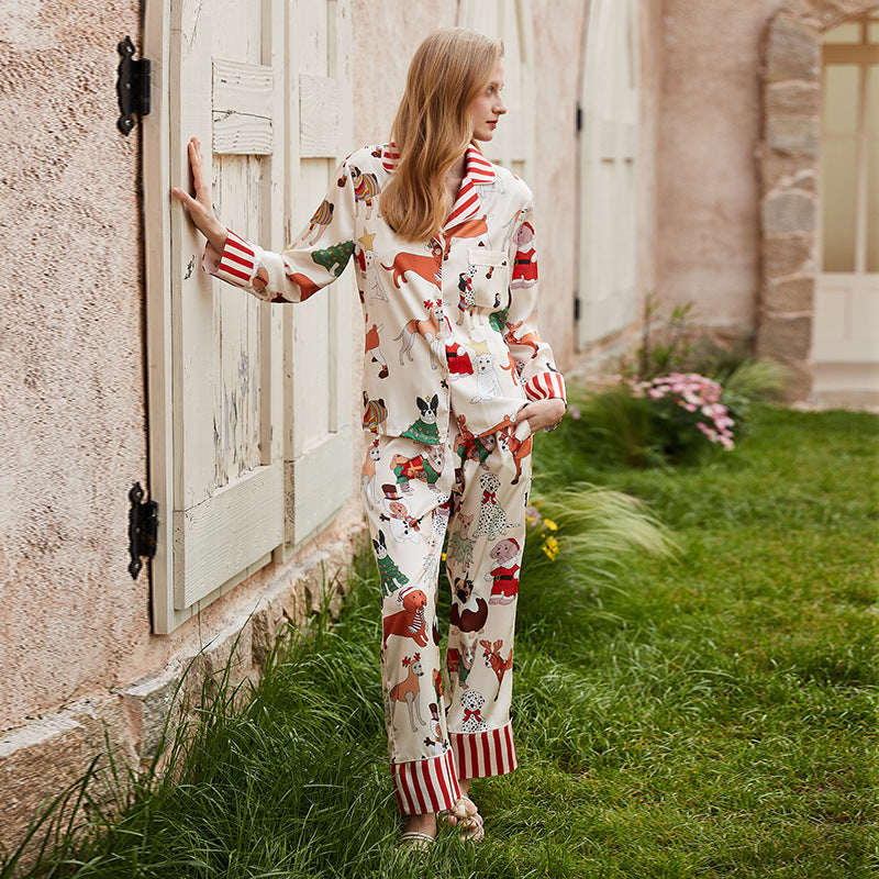 Pajamas Female Spring And Summer Long-sleeved Lapel Silk Cartoon