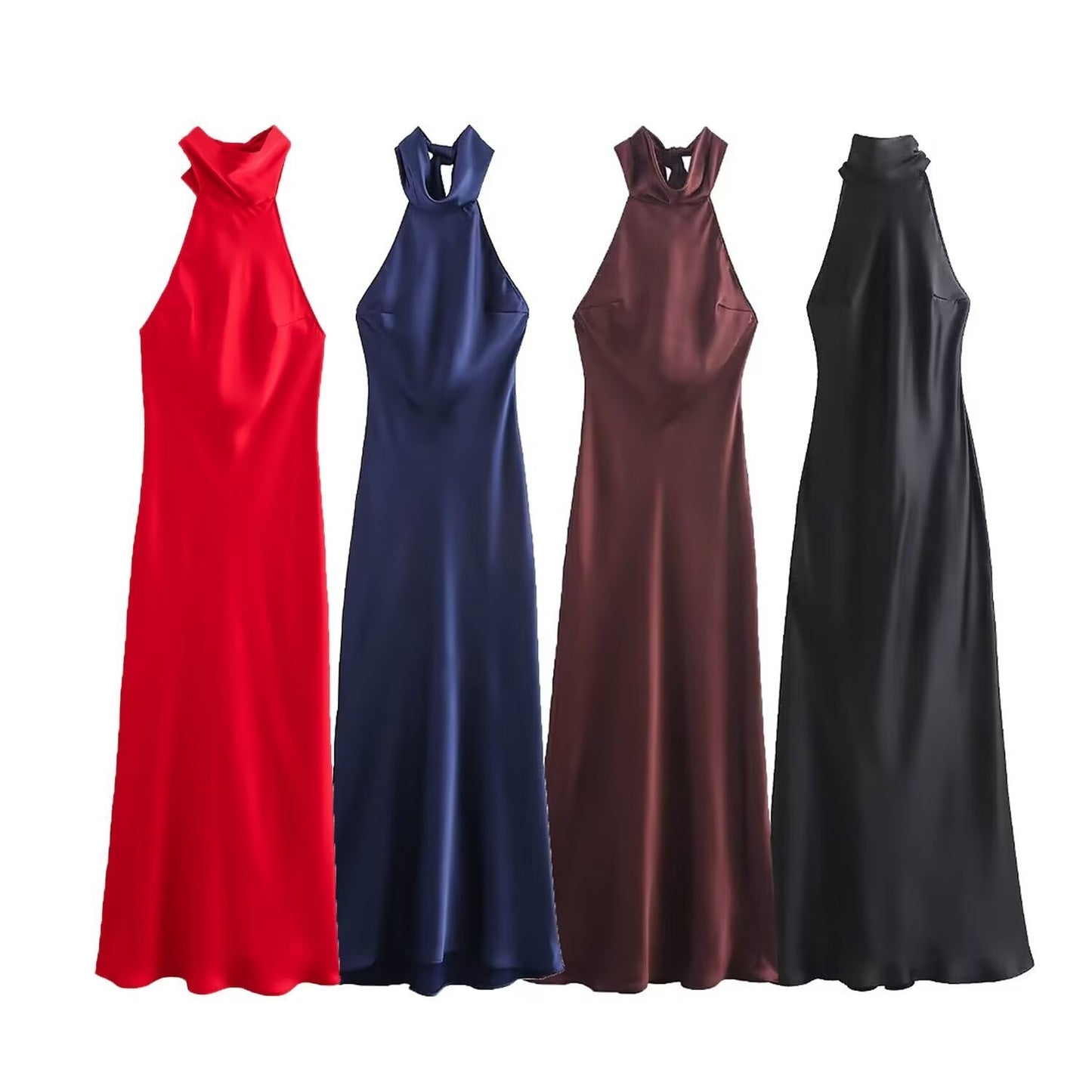 European And American Style Hanging Collar Silk Satin Texture Backless Dress