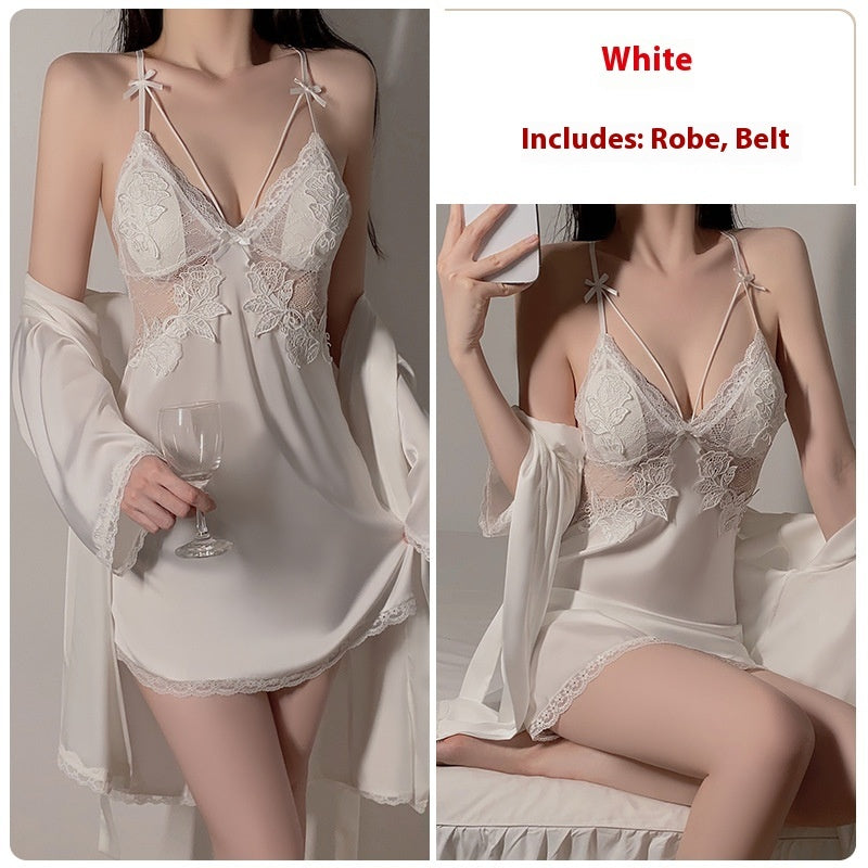 Ruoruo Ice Silk Pure Desire Slip Nightdress Outerwear Gown Suit