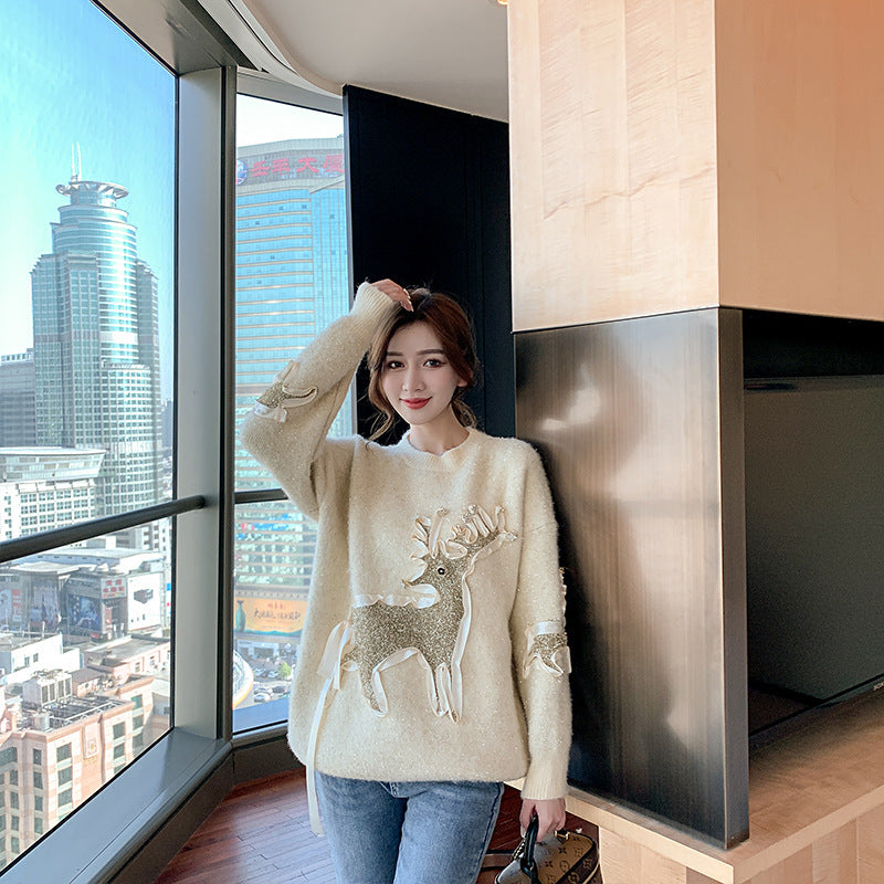 Bright Silk Christmas Elk Loose Lazy Sweater