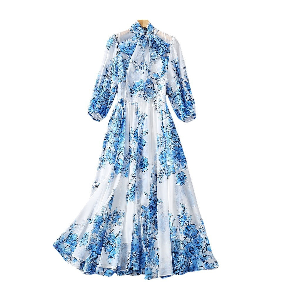 Silk Collar Blue And White Porcelain Printed Chiffon Fashion Dress
