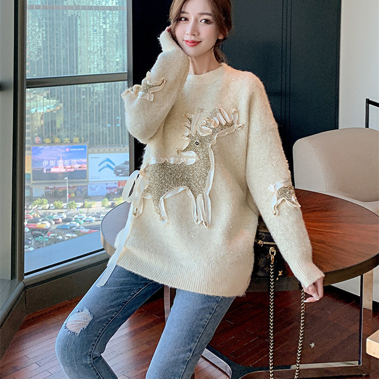 Bright Silk Christmas Elk Loose Lazy Sweater