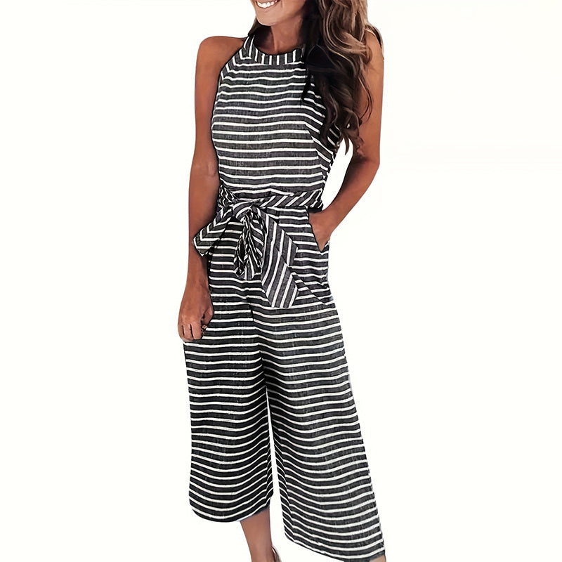 Womens Casual Striped Jumpsuits Summer Cap Sleeve Wide Leg Jumper Romper Button Down Travel Beach Outfits