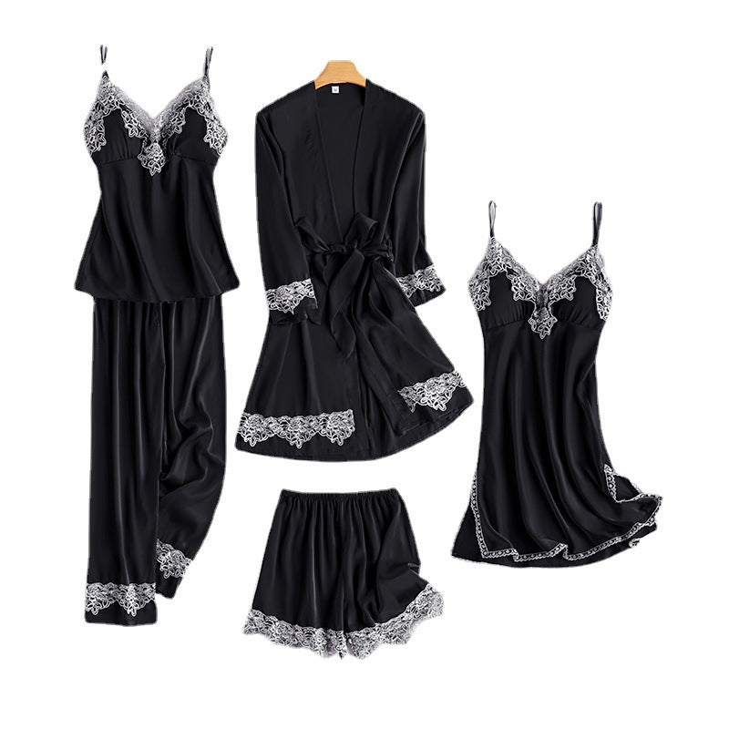 Ice Silk Thin Sling Nightdress Nightgown Five-piece Home Service