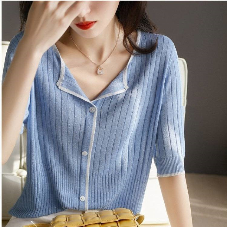 Loose V-Neck Mid-Sleeve Ice Silk Knit Cardigan Top