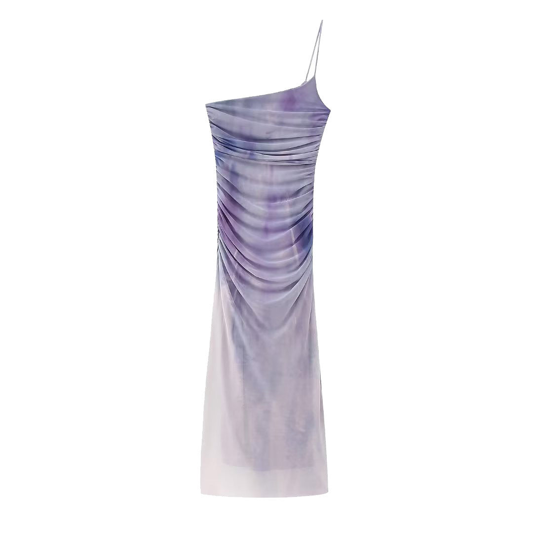 French Printing Silk Net Asymmetric Dress