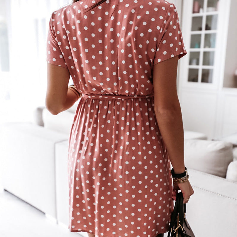 Polka Dot Ice Silk V-neck Short Sleeve Tie Dress
