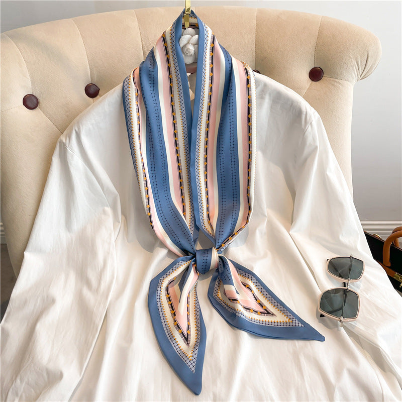 Thin Narrow Long Shirt Scarf Houndstooth Design Double Layer Imitated Silk Scarves Women's Hair Tie