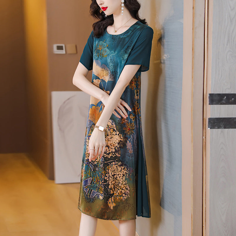 Silk Like Dress Printed Belly Covered