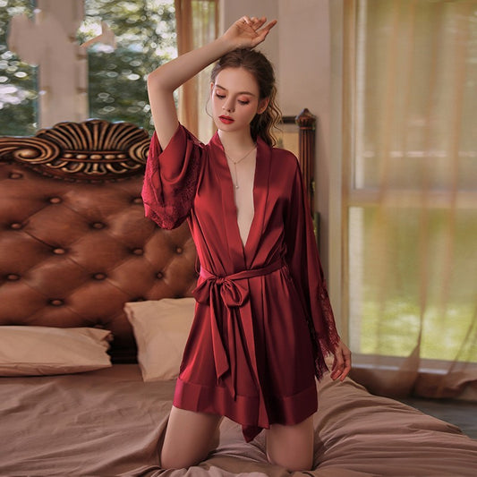 Silk Cuff Stitching Lace Lace-up Nightgown