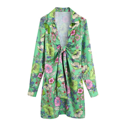 Silk Satin Floral Print V-Neck Dress Short Skirt