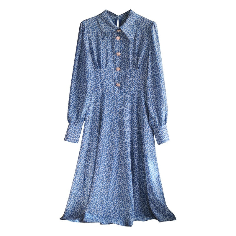 Ladies Blue Small Floral Crystal Button Silk Dress