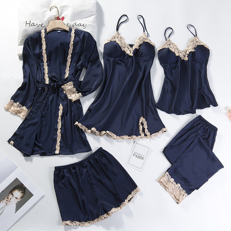 Spring Women's Summer Ice Silk Pajamas Five-piece Set