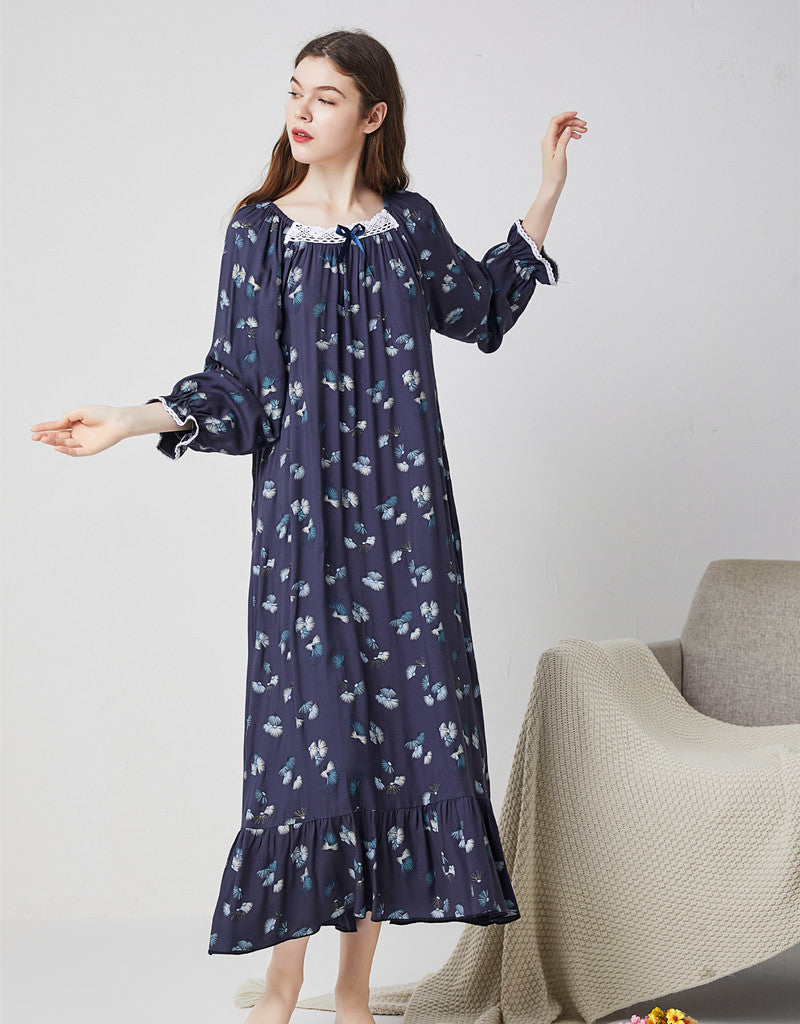 Women's Loose Breathable Long Sleeve Cotton Silk Homewear Nightdress