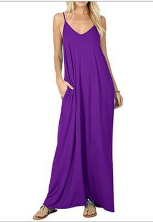 European and American milk silk solid color pocket camisole dress
