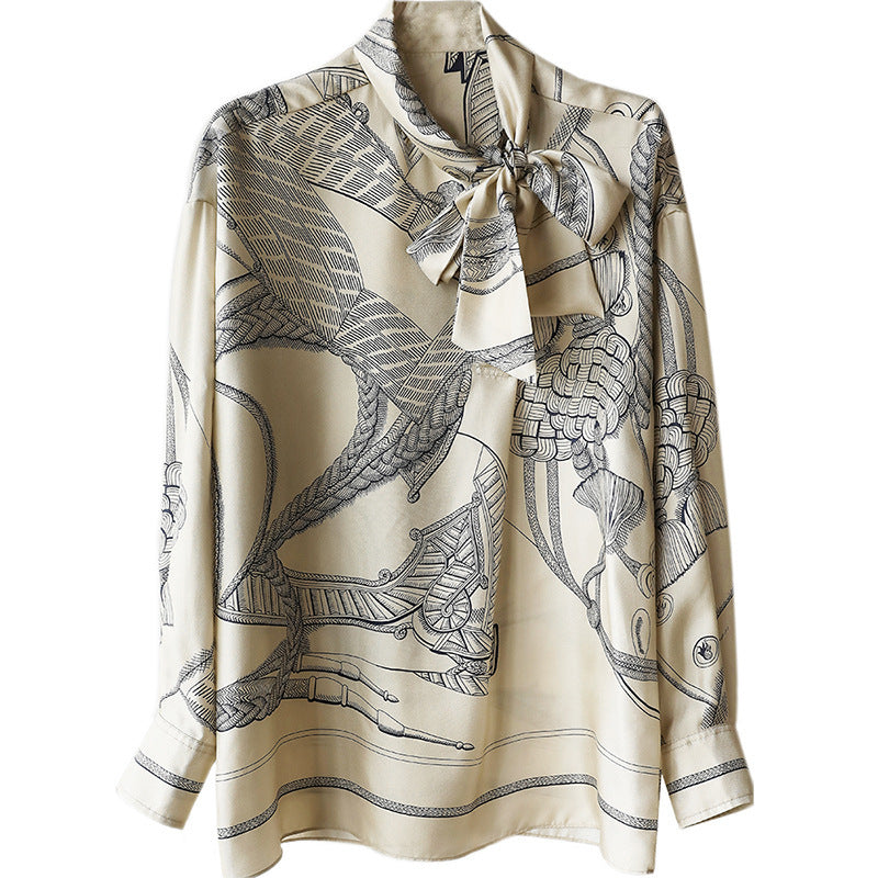 Bow Float Collar 16MM Twill Silk Printed Shirt Top