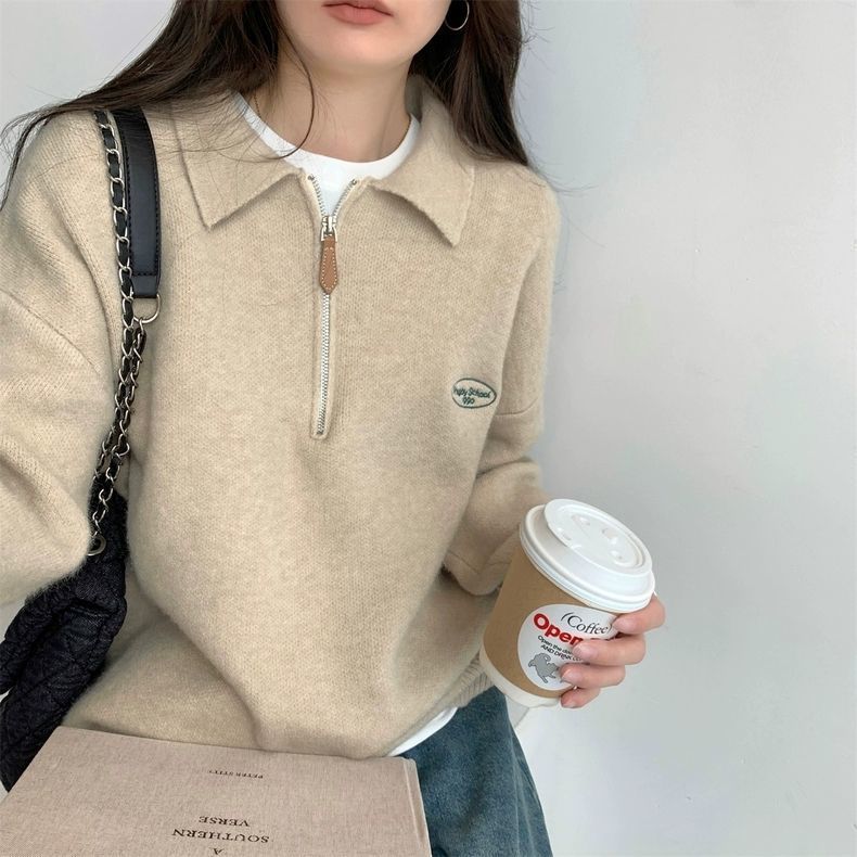 SeoulEase Polo Knit Zip Sweater