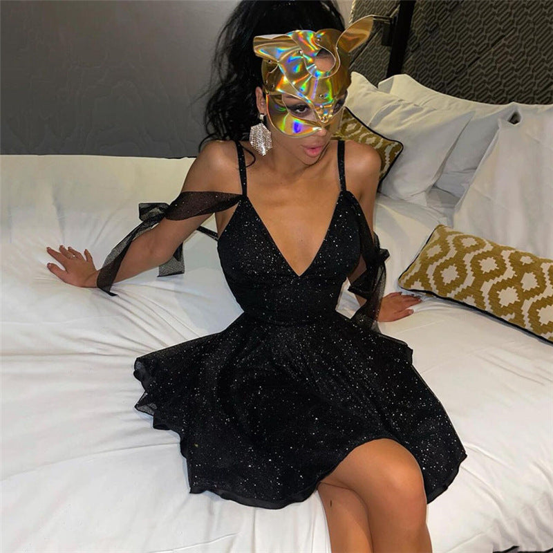 Low Cut Backless Strap Deep V Bright Silk Dress