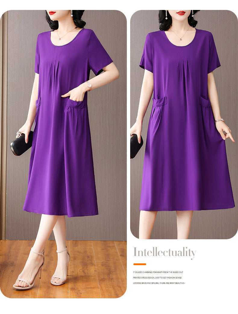 Cotton Silk Midi Dress Mother's Short Sleeve Loose Printed Dress
