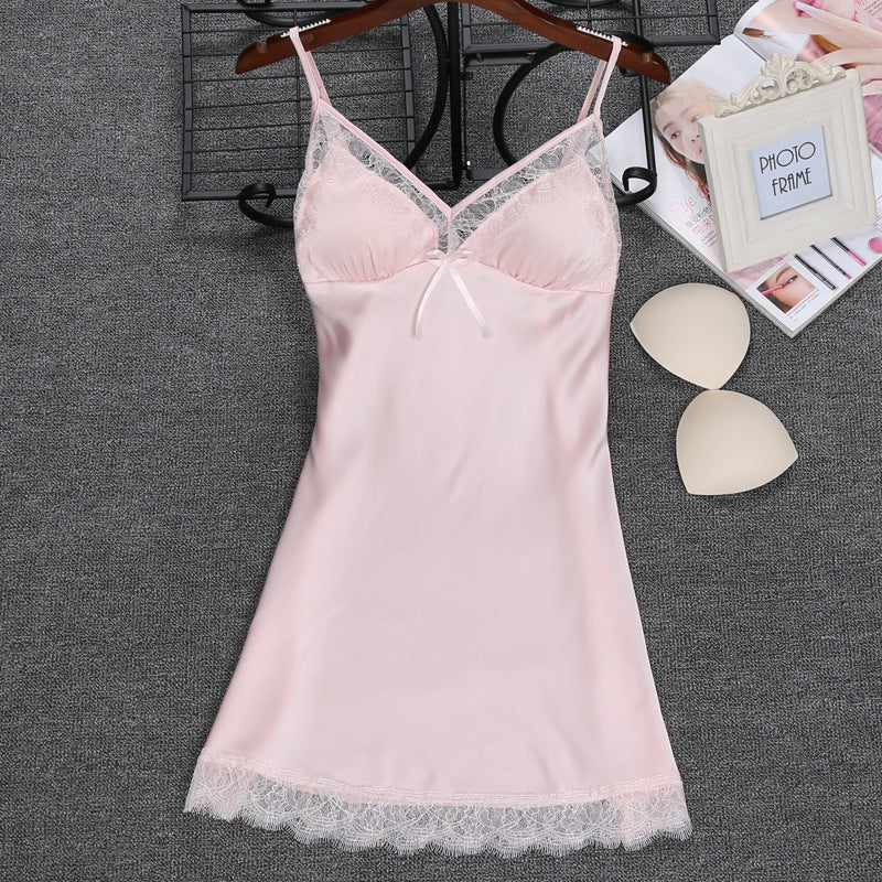 Ice Silk Sling Nightdress Solid Color With Chest Pad