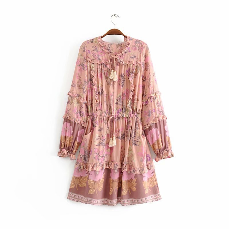 Cotton silk tassel lace up dress