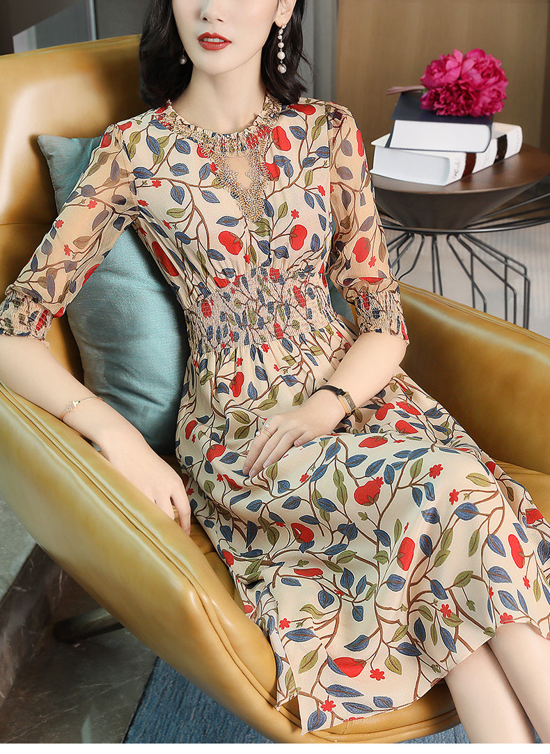Mid-length Silkworm Silk Dress With Waist Printing