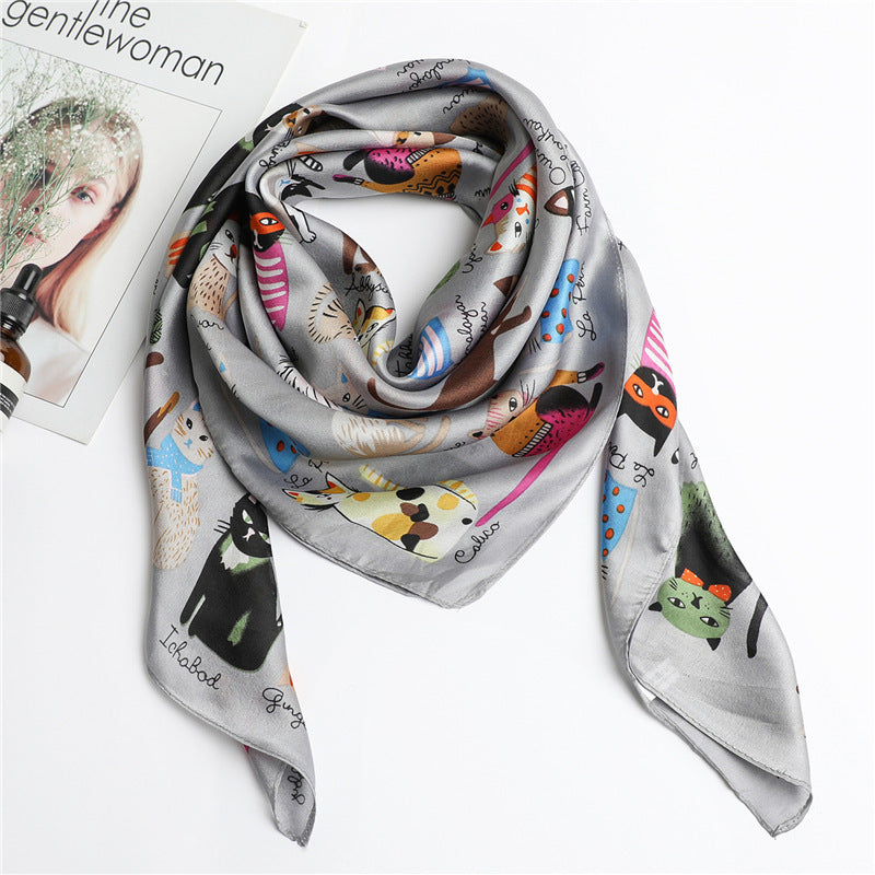 Cartoon Cat Silk Scarf Fashion Sun Protection