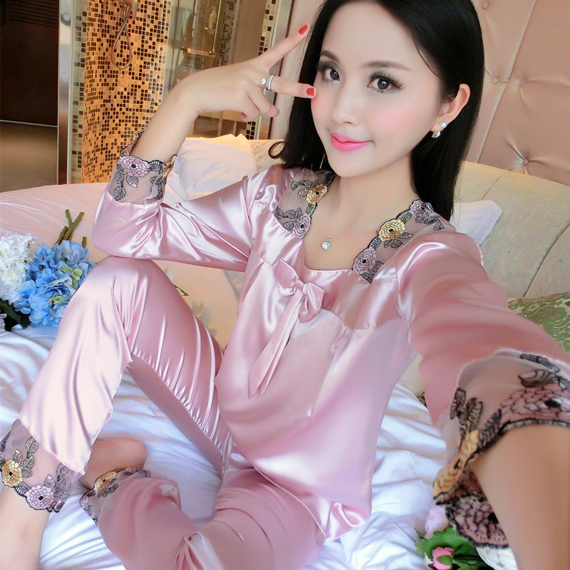 Spring And Autumn Thin Ice Silk Pajamas Ladies Long-Sleeved