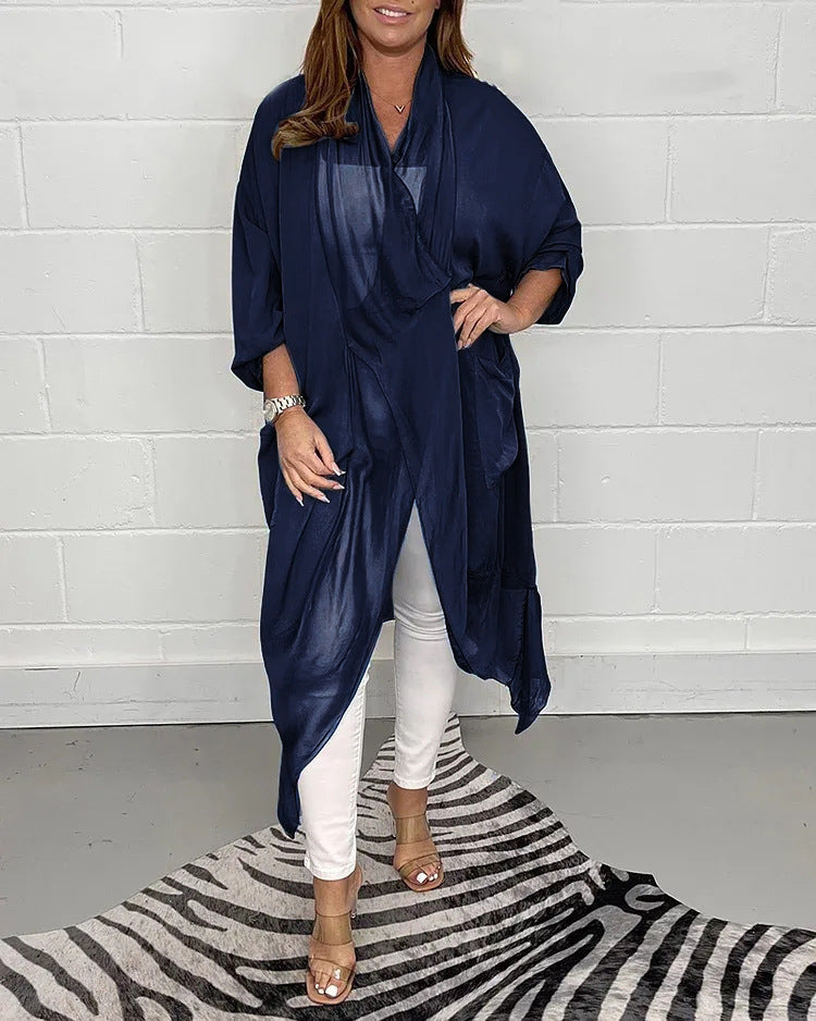 New Slimming Silk Loose V-neck Design Solid Color Top