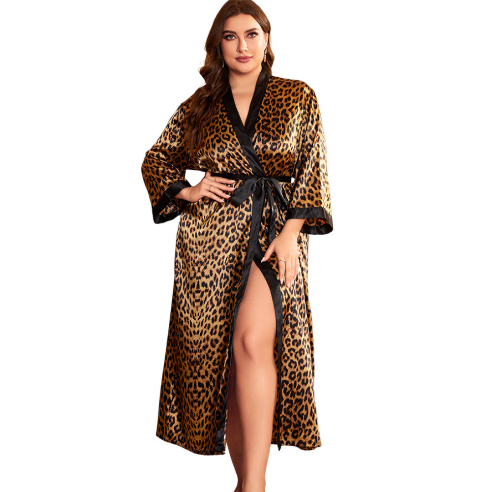 Emulation Silk Nightgown Leopard Print Printed Homewear Pajamas