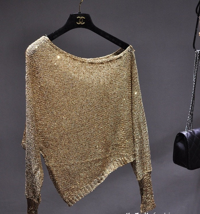 Sequined Slant Shoulder Bright Silk Gold Thread Pullover Top