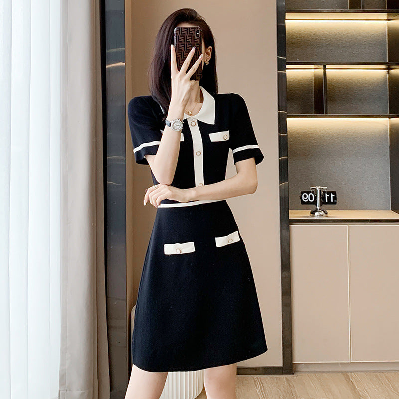 Classic Style Short Sleeve Slimming High Waist A- Line Ice Silk Dress
