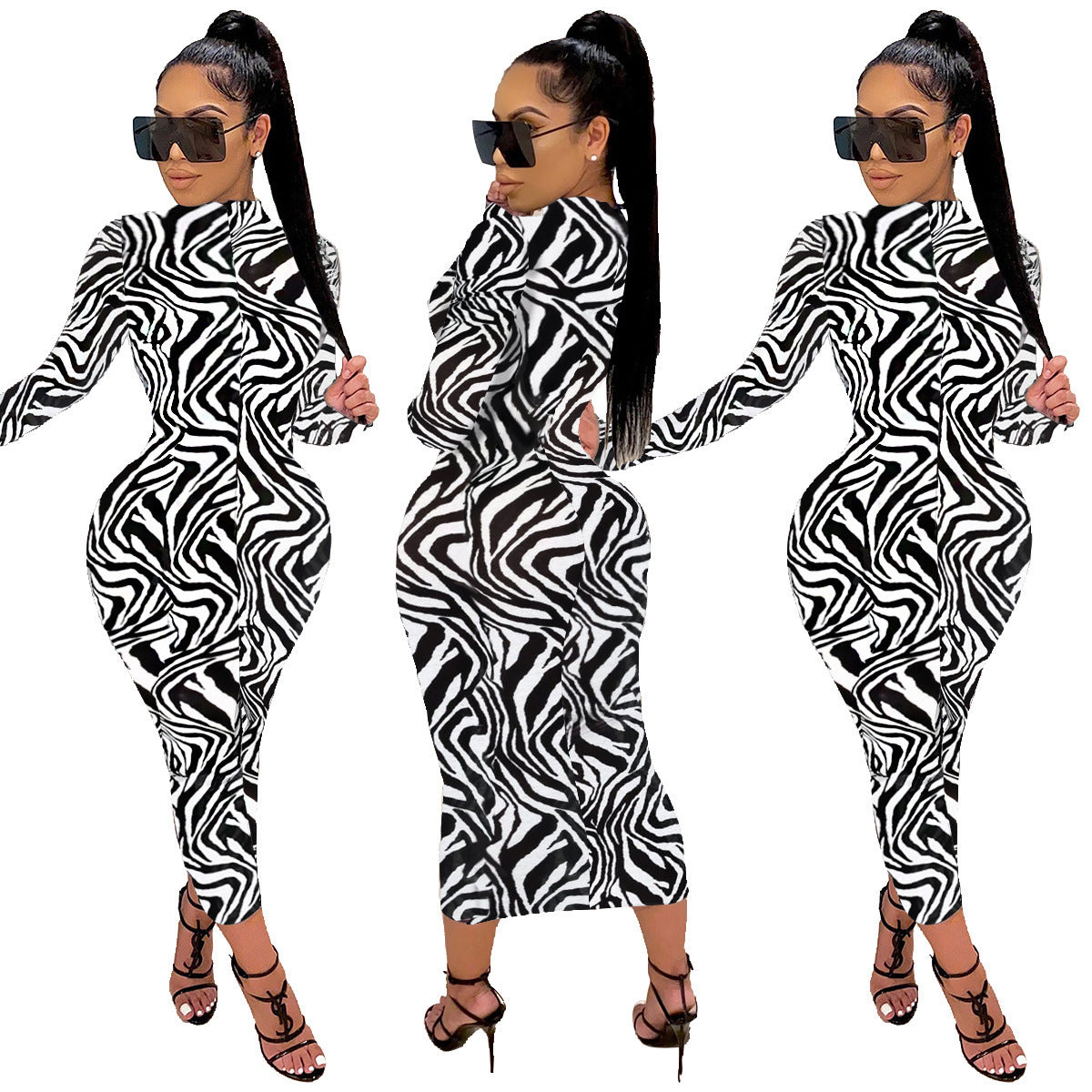 Milk Silk Fashion Print Wrap Arm Zipper Half Turtleneck Dress