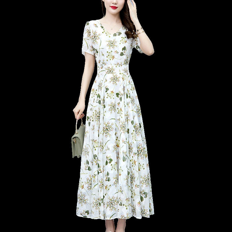 Loose Long V-neck Short Sleeve Ice Silk Satin Dress