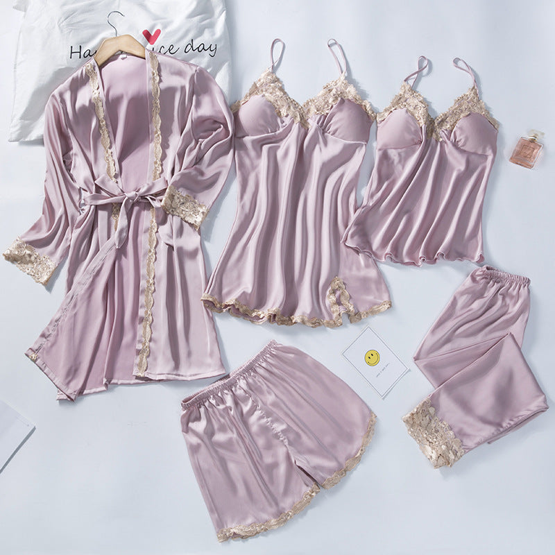 Spring Women's Summer Ice Silk Pajamas Five-piece Set