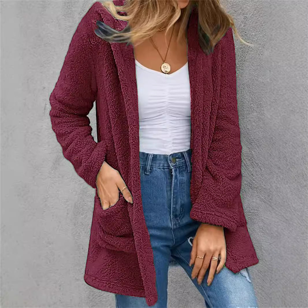 New Women's Cardigan Double Pocket Hooded Solid Color Fleece Cardigan Jacket