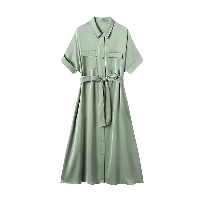 Women's Silk Dress With Lapel Waist And Slim Waist