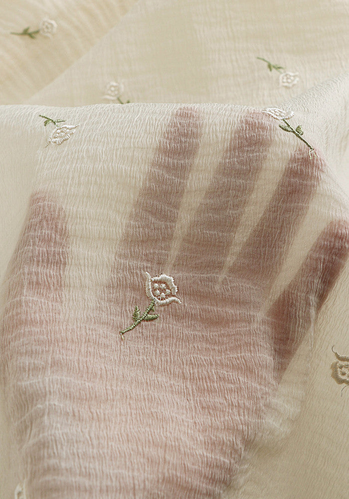 New Silk Crinkled Rose Embroidered Beige Fabric
