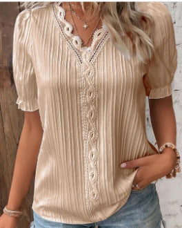 Summer New Vacation Fashion Hollow Short Sleeve Women's Shirt