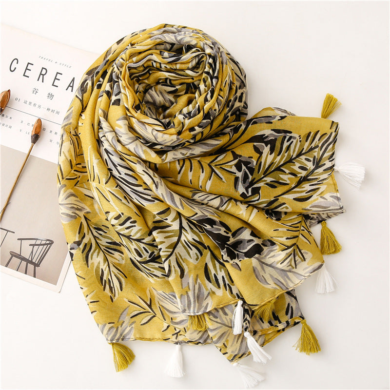 Creative Ginger Japanese Banana Leaf Printed Silk Scarf Plant