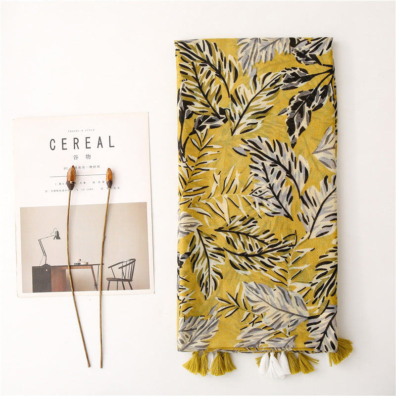 Creative Ginger Japanese Banana Leaf Printed Silk Scarf Plant