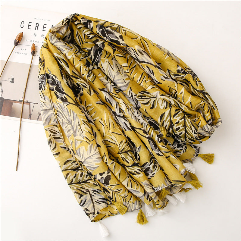 Creative Ginger Japanese Banana Leaf Printed Silk Scarf Plant