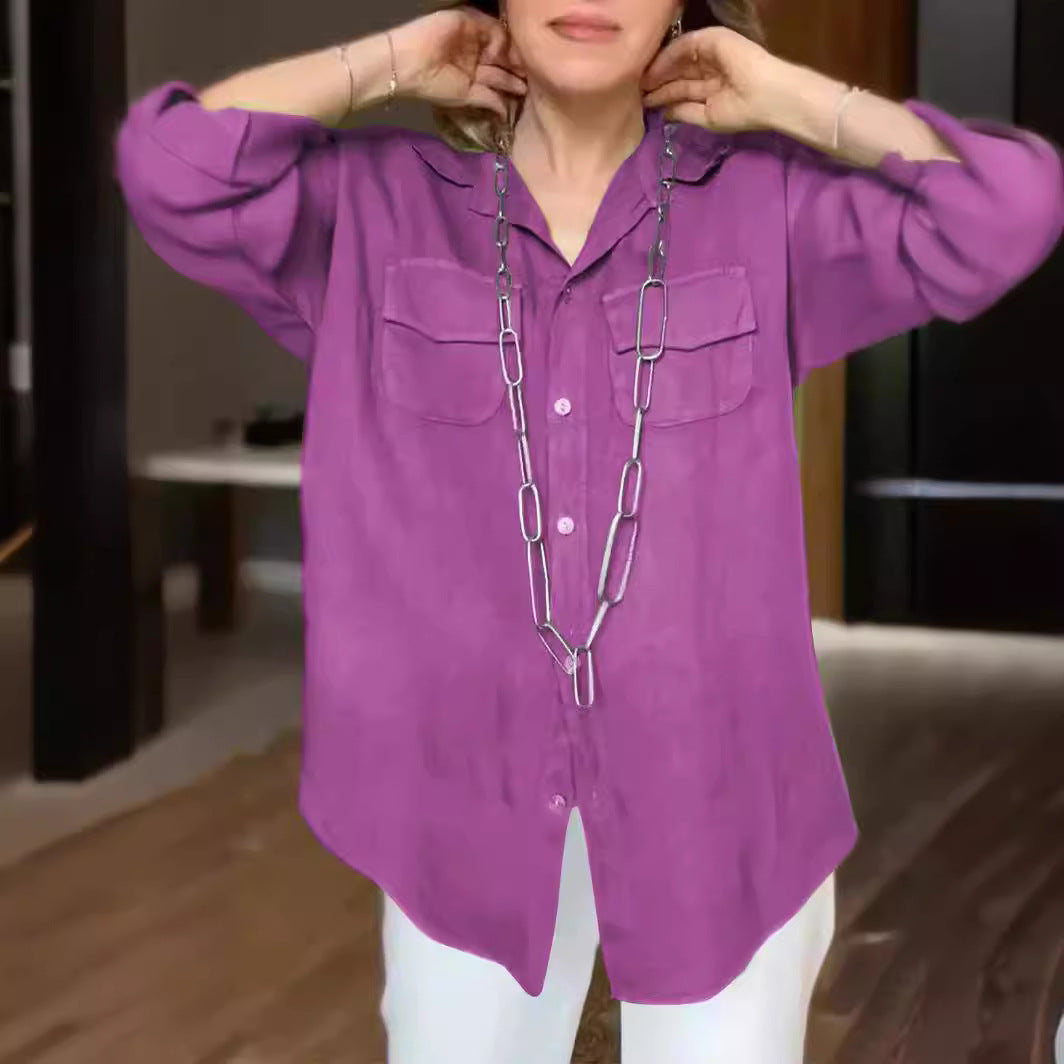 Solid Color Long Sleeve Pocket Shirt For Women