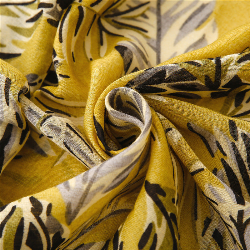 Creative Ginger Japanese Banana Leaf Printed Silk Scarf Plant
