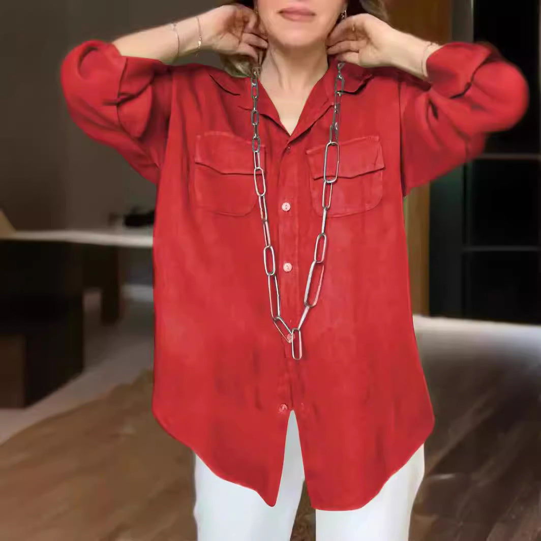 Solid Color Long Sleeve Pocket Shirt For Women