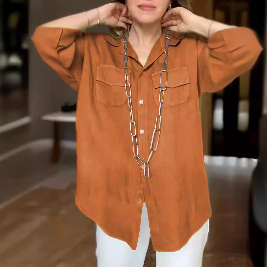 Solid Color Long Sleeve Pocket Shirt For Women